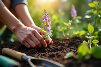 Mains de jardinier plantant une petite glycine dans la terre