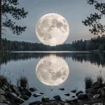 Pleine lune se levant au-dessus d'un lac calme avec reflet parfait sur l'eau et silhouettes de sapins