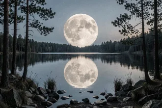 Pleine lune se levant au-dessus d'un lac calme avec reflet parfait sur l'eau et silhouettes de sapins