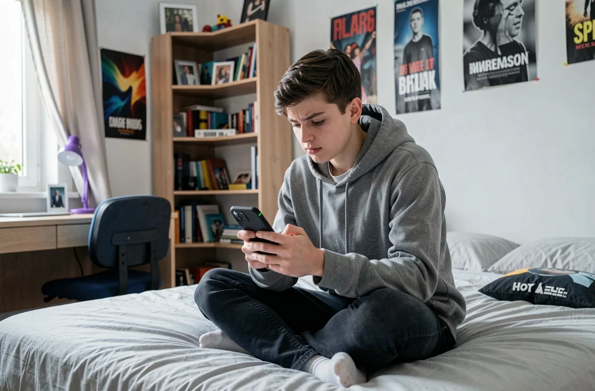Adolescent dans sa chambre découvrant le point vert de statut actif sur Snapchat