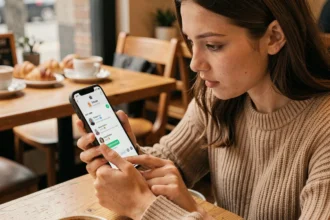 Jeune femme regardant le point vert Snapchat sur son smartphone dans un café