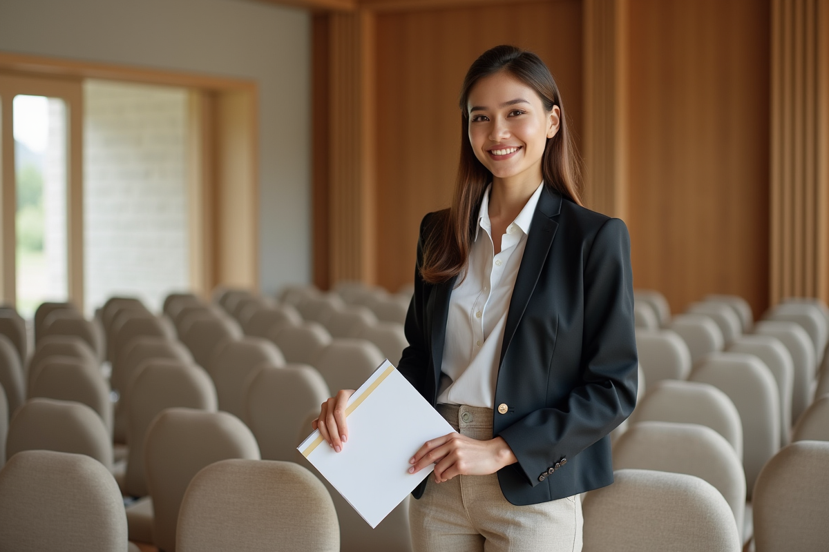 Jeune femme arrangeant des programmes dans une salle moderne