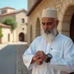 Homme musulman devant une mosquée à Valenciennes consultant l'heure de la prière en été