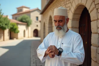 Homme musulman devant une mosquée à Valenciennes consultant l'heure de la prière en été