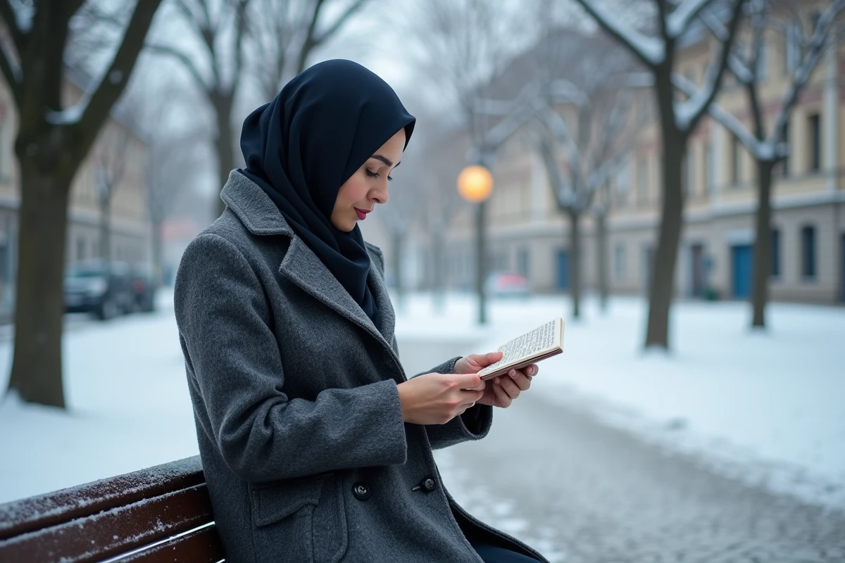 Femme musulmane consultant un horaire de prière en hiver dans un parc enneigé de Valenciennes