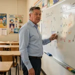 Professeur expliquant la conversion des unités d'aire comme le mètre carré et le centimètre carré devant un tableau blanc en salle de classe