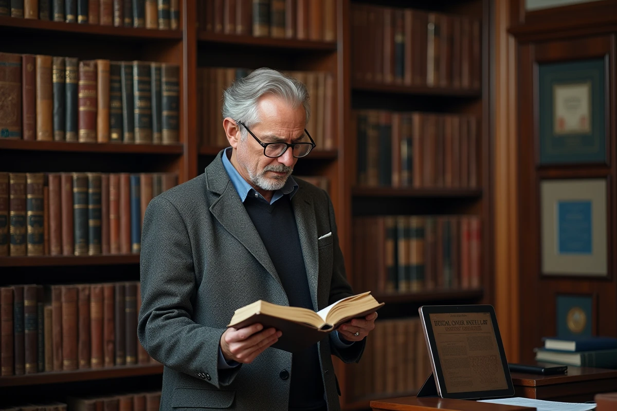 Professeur de droit consultant des ressources numériques sur l'histoire du droit dans son bureau universitaire entouré de traités juridiques anciens