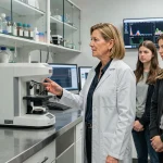 Professeure universitaire expliquant un spectromètre de masse à des étudiants en master dans un laboratoire de chimie analytique