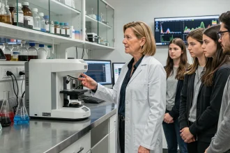Professeure universitaire expliquant un spectromètre de masse à des étudiants en master dans un laboratoire de chimie analytique