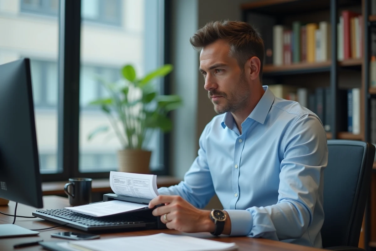 Professionnel utilisant un scanner de documents portable de manière discrète dans un bureau privé