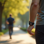 Personne marchant vite dans un chemin urbain bordé d'arbres avec montre connectée