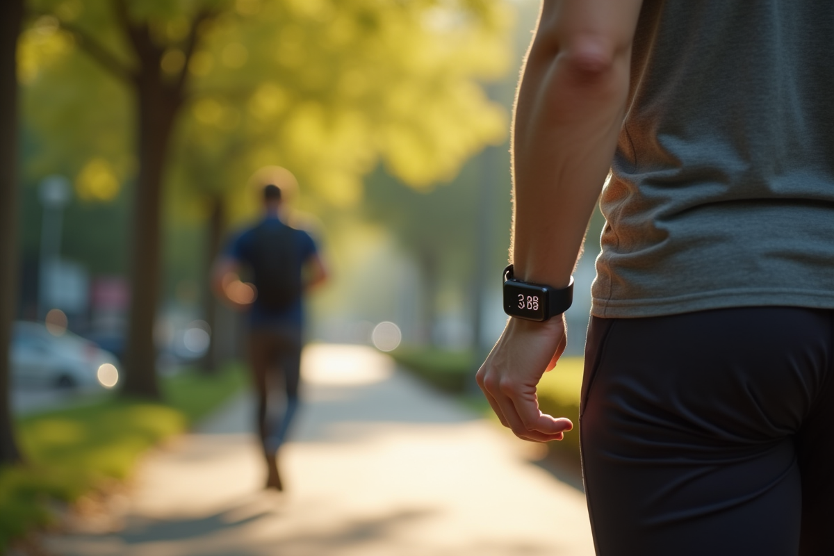 Personne marchant vite dans un chemin urbain bordé d'arbres avec montre connectée