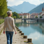 Femme en jeans et pull léger marchant le long de la rivière à Annecy