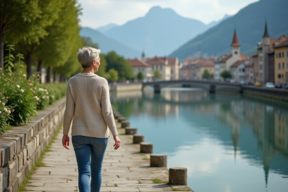 Femme en jeans et pull léger marchant le long de la rivière à Annecy