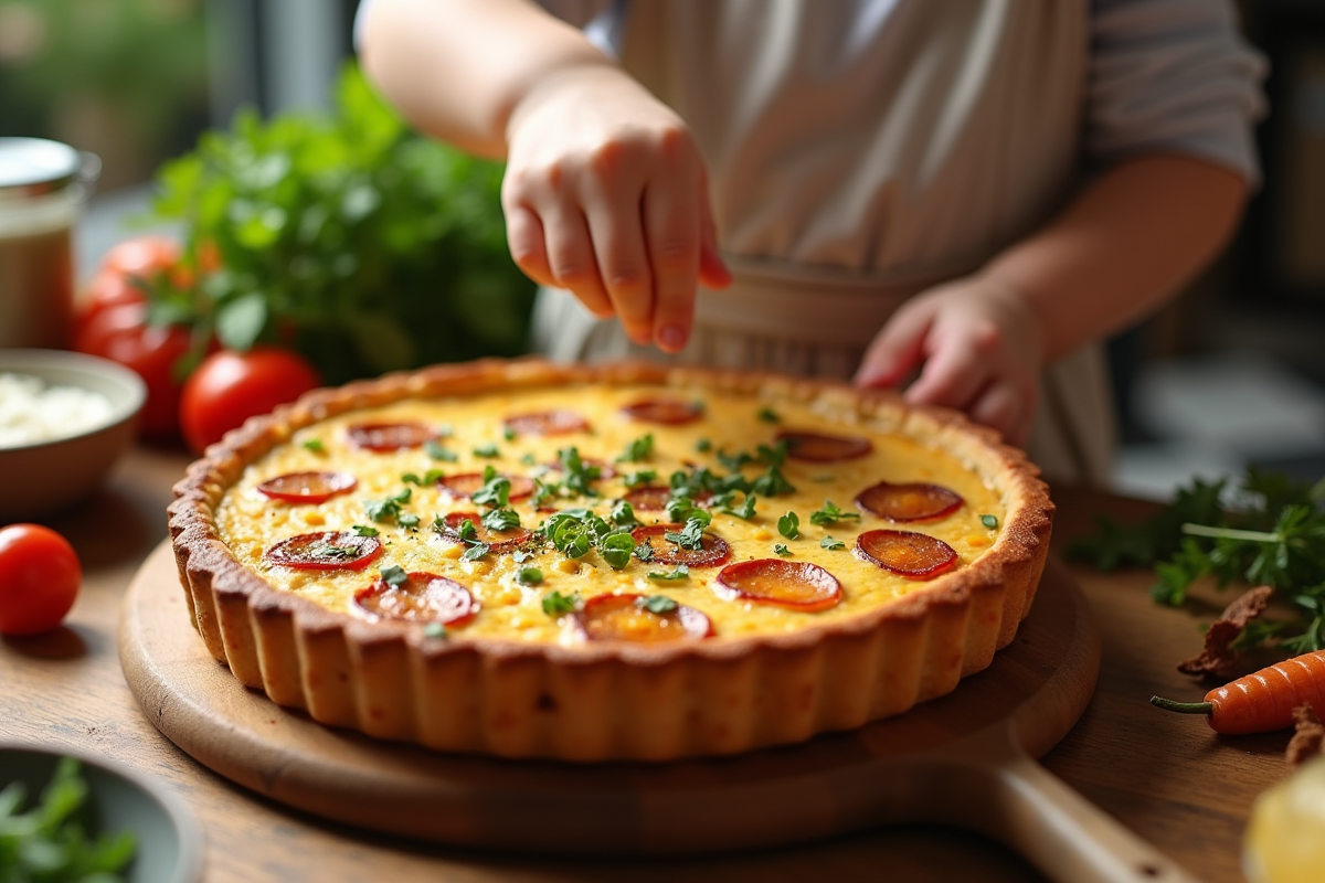 Quiche au chorizo fraîche sortie du four avec mains d