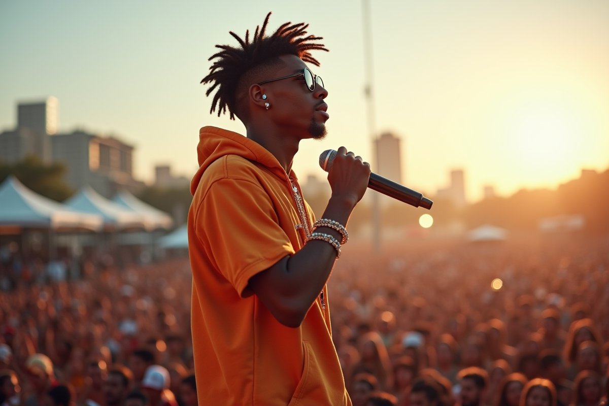 Jeune rappeur en performance lors d un festival en plein air