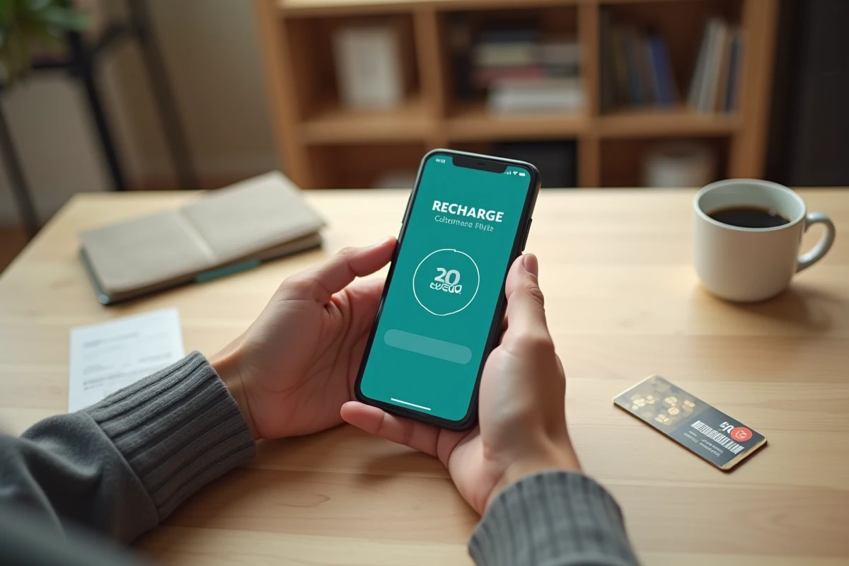 Mains tenant un smartphone affichant une recharge Lycamobile 30 euros avec carte SIM et reçu papier sur un bureau