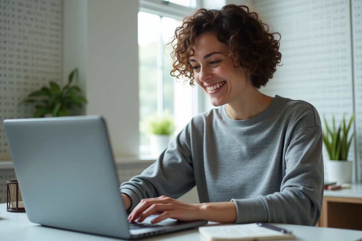 Femme utilisant un outil d'anagramme en ligne sur ordinateur portable pour trouver des mots au Scrabble