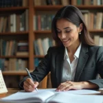 Femme consultant des documents dans un bureau éditorial moderne, illustrant la recherche sur la date de naissance de Naïma M'Faddel