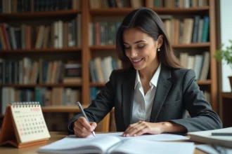 Femme consultant des documents dans un bureau éditorial moderne, illustrant la recherche sur la date de naissance de Naïma M'Faddel