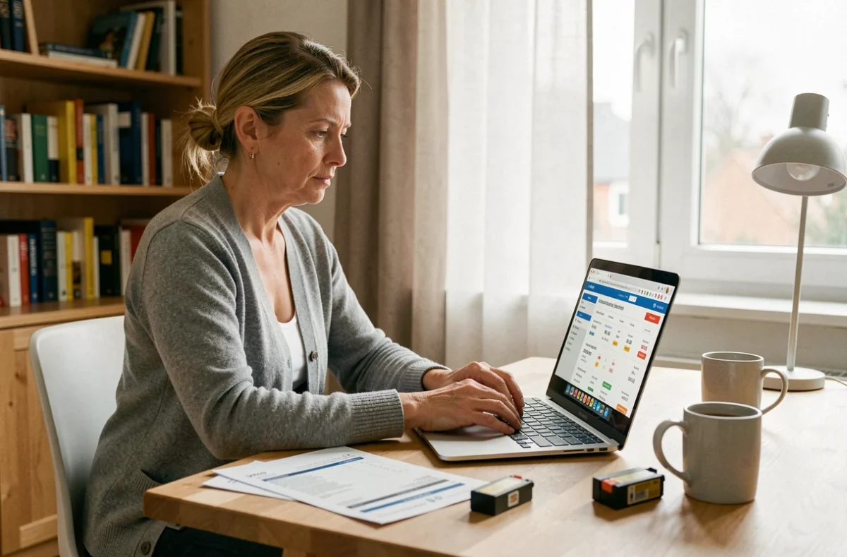 Femme cherchant le meilleur prix cartouche NEWS sur internet depuis son bureau à domicile au Luxembourg
