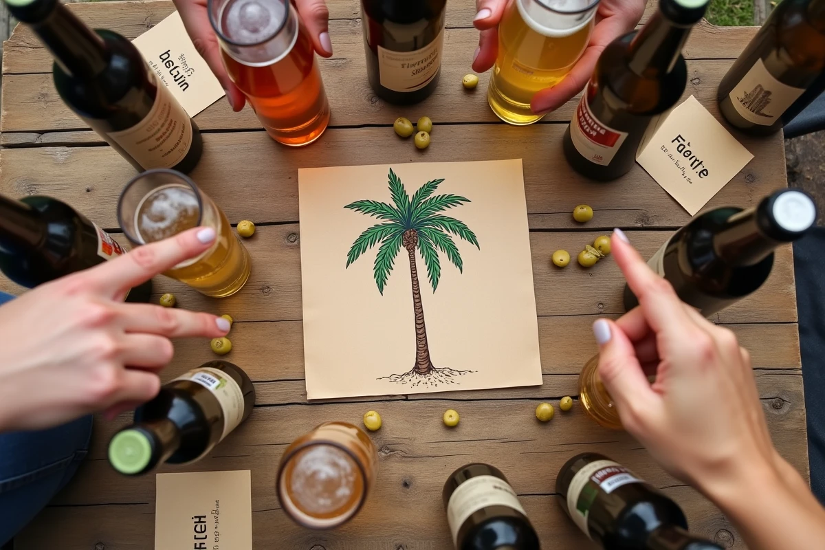Vue de dessus d'une table d'apéro avec les règles du jeu palmier, bouteilles et verres entre amis