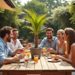 Groupe d'amis jouant à la règle palmier autour d'une table de terrasse lors d'un apéro estival animé