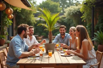 Groupe d'amis jouant à la règle palmier autour d'une table de terrasse lors d'un apéro estival animé
