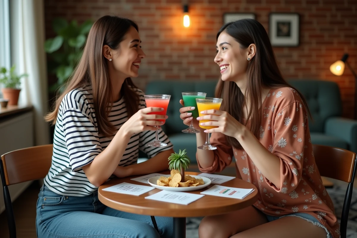 Deux amies souriantes jouant à la règle palmier avec des cocktails colorés dans un appartement chaleureux