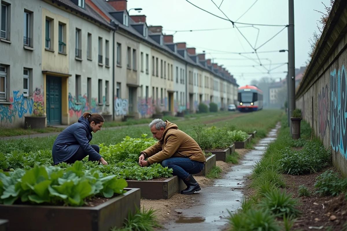 Jardin communautaire dans un quartier ouvrier de Rennes avec ses habitants qui cultivent leurs légumes au pied des barres d'immeuble