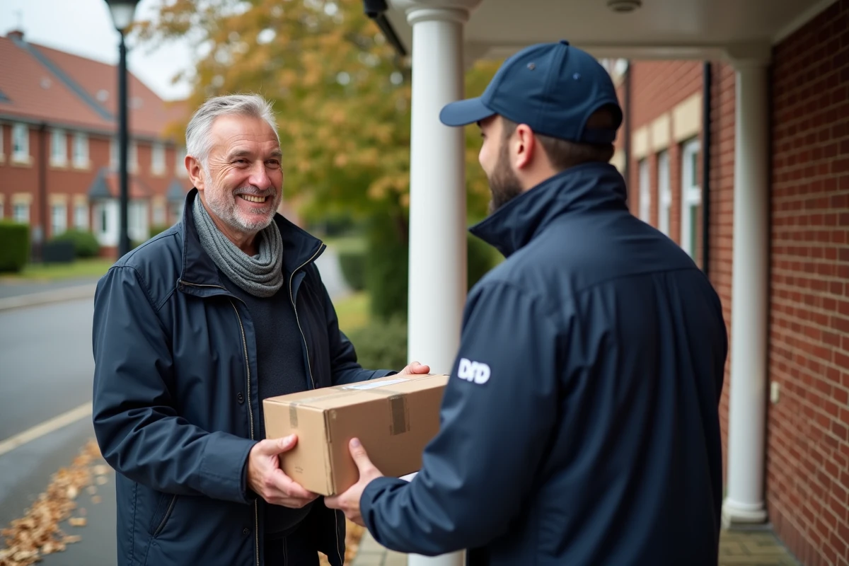 Homme recevant un colis DPD devant sa maison en automne