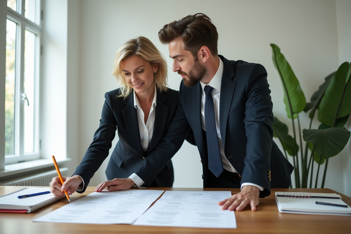 Deux professionnels en réunion d'affaires dans une salle élégante