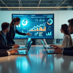Groupe de professionnels en réunion autour d'une table avec dashboards IA