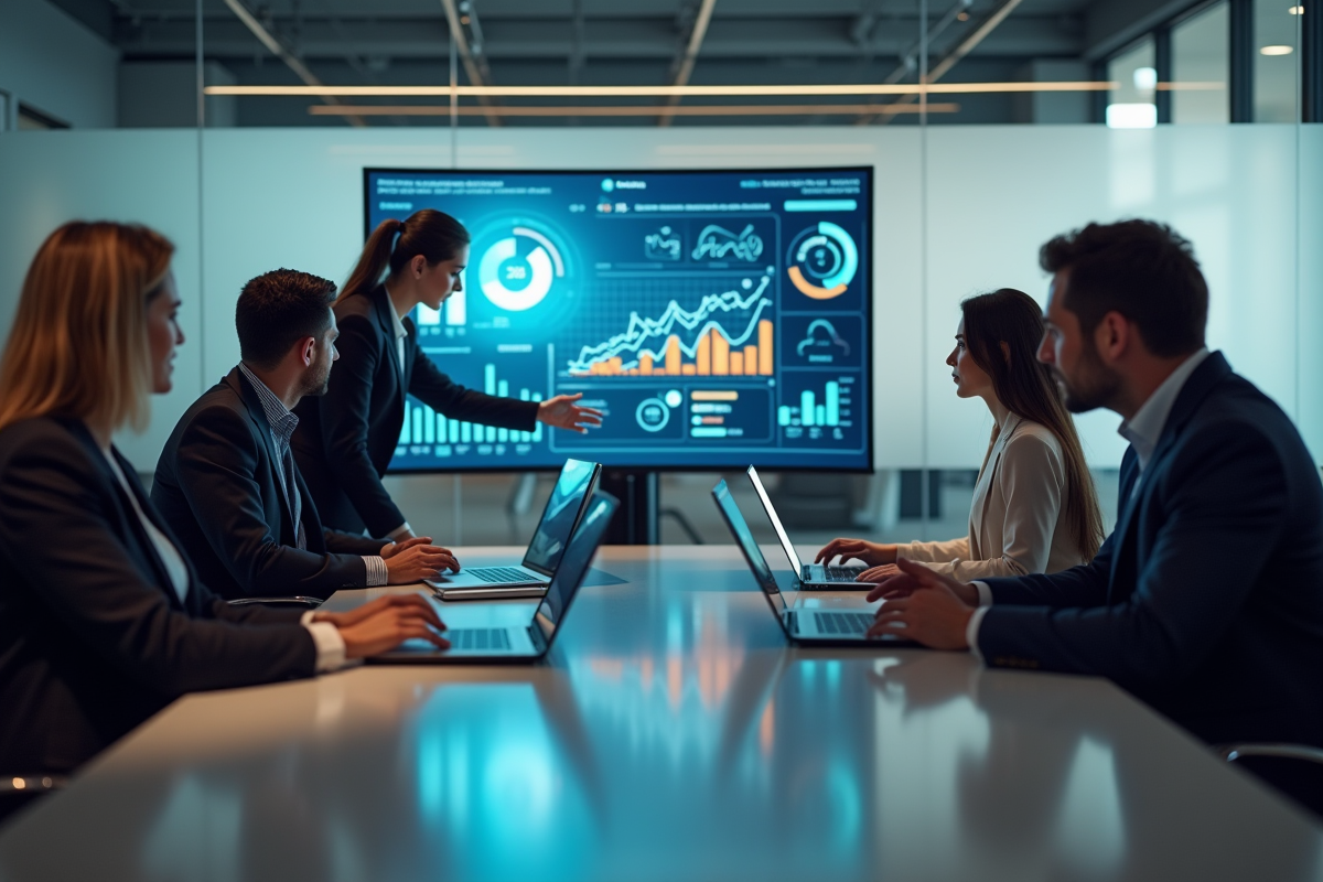 Groupe de professionnels en réunion autour d'une table avec dashboards IA