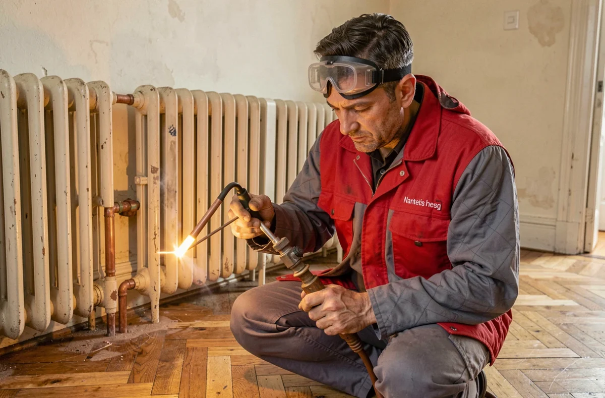 Chauffagiste Roussel soudant des raccords en cuivre sous un radiateur dans un appartement ancien à Nantes