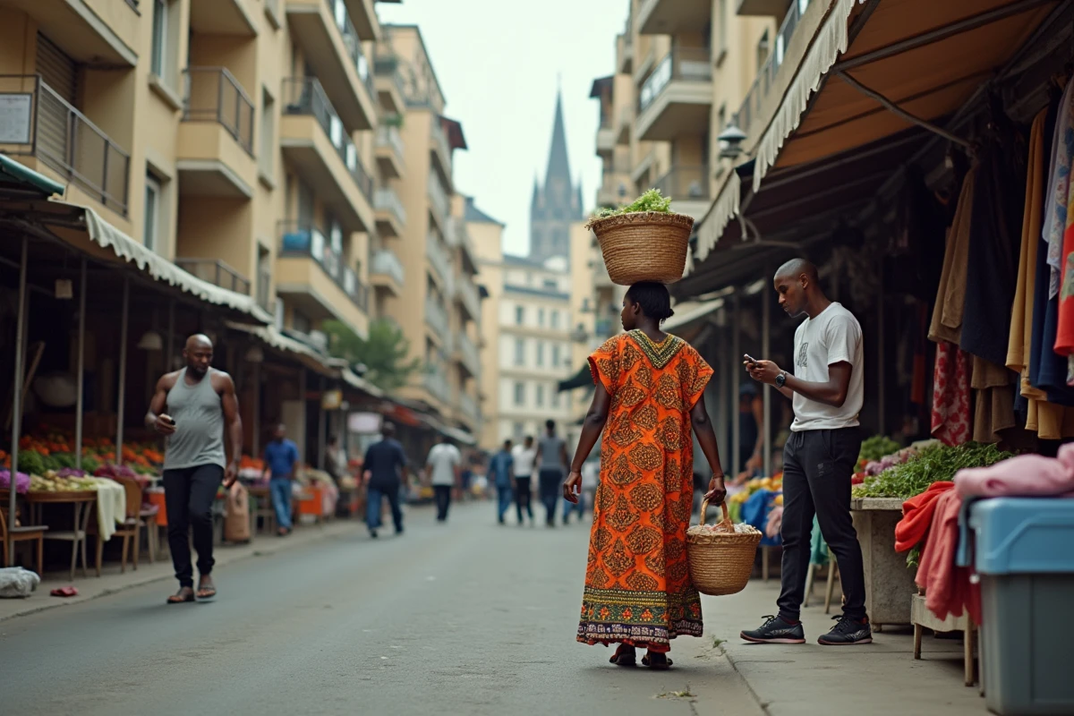 Marché de rue animé à Saint-Denis avec ses habitants aux origines diverses et la basilique visible en arrière-plan