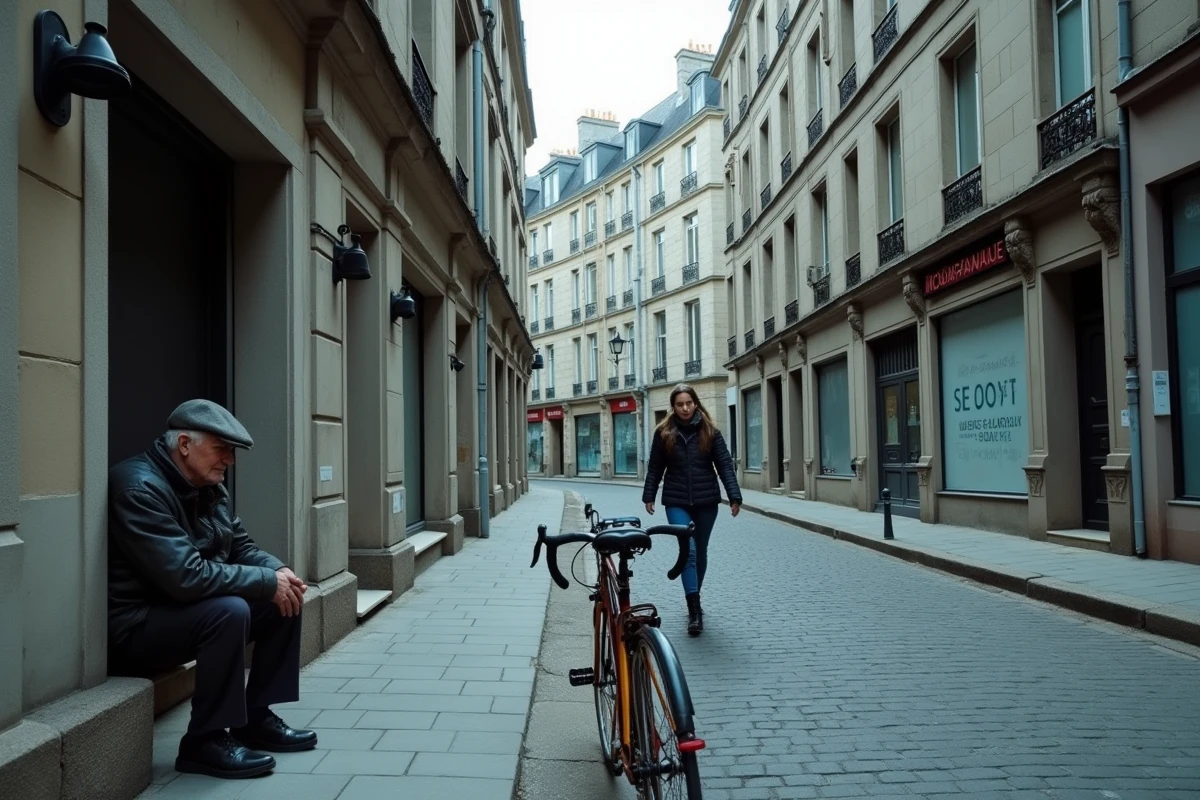 Rue de Saint-Étienne reflétant l'atmosphère post-industrielle de la ville avec ses immeubles gris et ses locaux commerciaux abandonnés