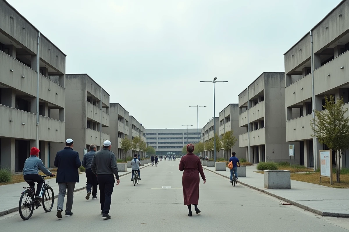 Grand ensemble de Sarcelles avec ses longues barres de béton et la diversité communautaire remarquable de ses habitants dans l'espace public