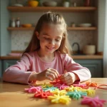 Adolescente en train de réaliser un scoubidou en forme de fleur avec des lacets colorés sur une table en bois