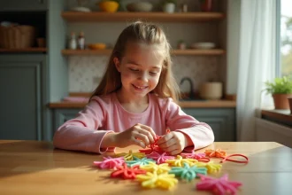 Adolescente en train de réaliser un scoubidou en forme de fleur avec des lacets colorés sur une table en bois