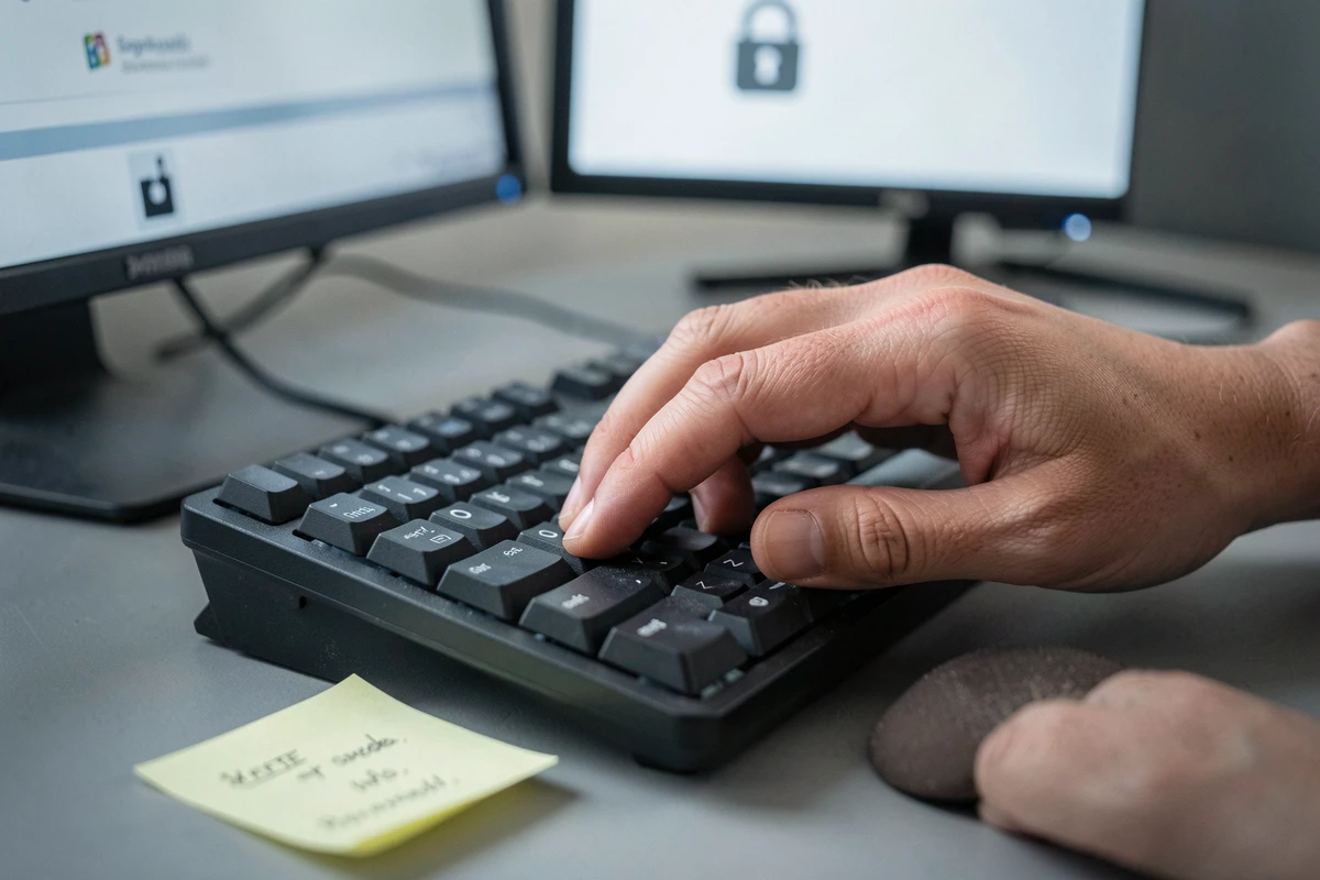 Gros plan sur des mains tapant sur un clavier d'ordinateur avec un cadenas numérique visible à l'écran, représentant les bonnes pratiques de sécurité et d'anonymat sur internet