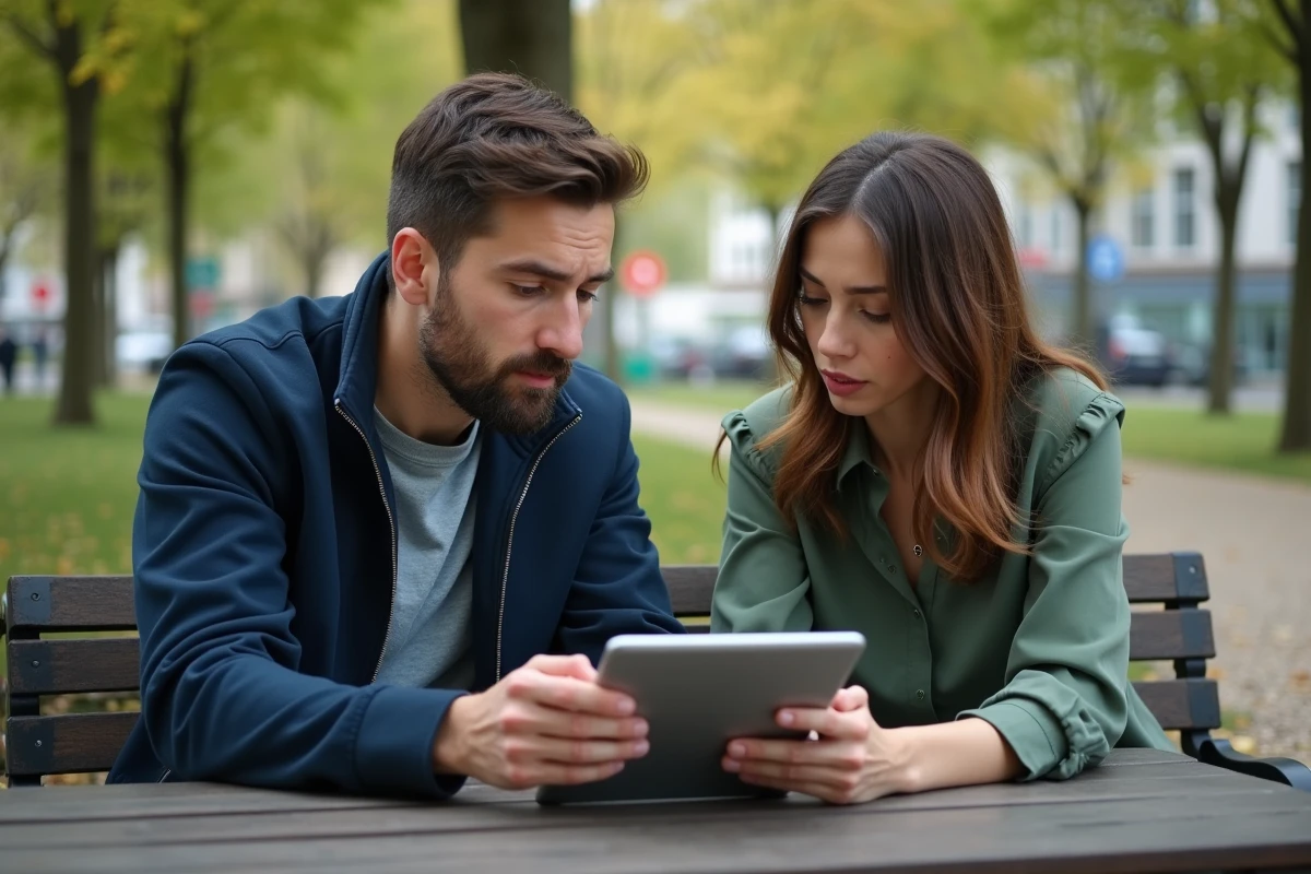 Couple vérifiant ensemble la fiabilité d'un profil sur un site de rencontres bisexuelles en plein air