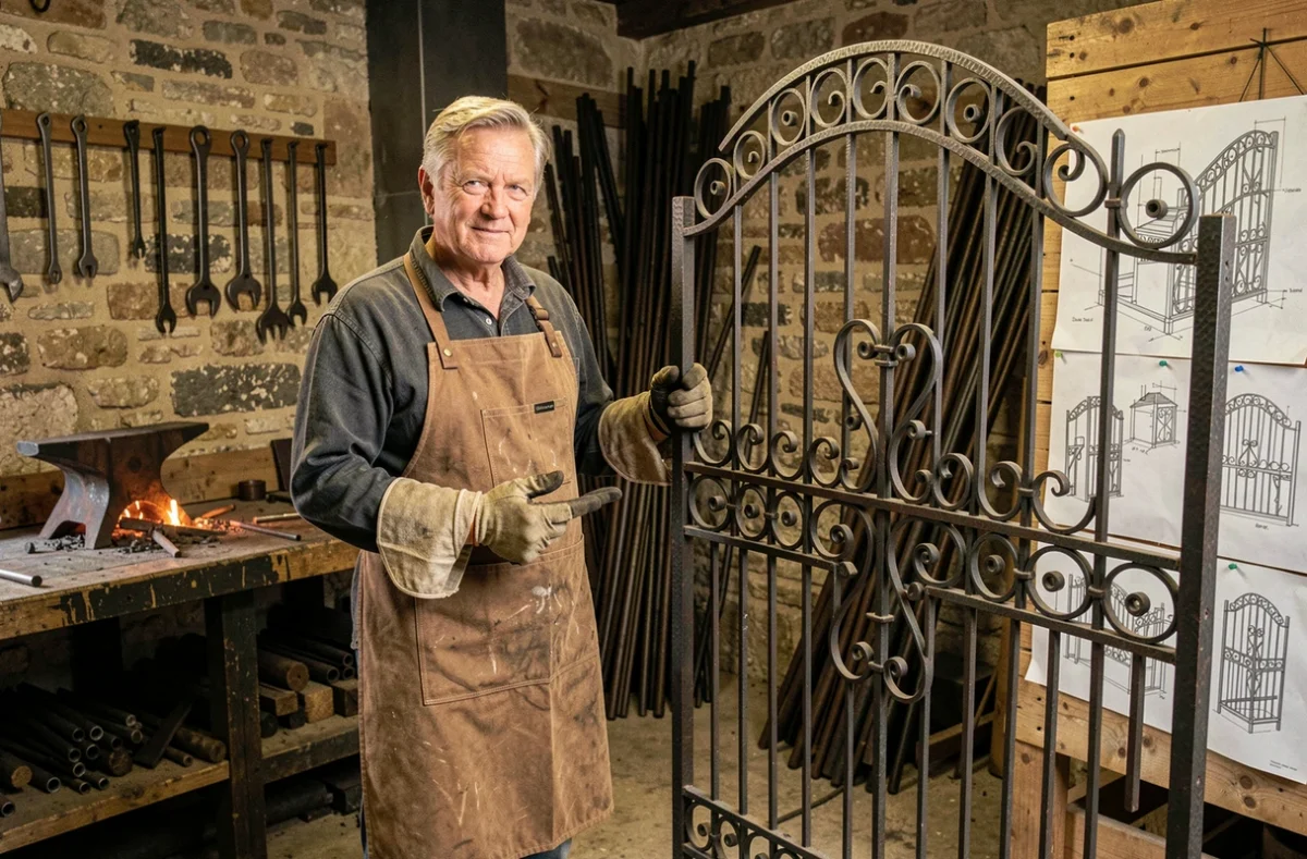 Artisan de la Serrurerie Métallerie Créations SMC présentant un portail en fer forgé dans son atelier charentais