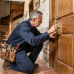 Serrurier professionnel en Charente examinant une serrure sur une porte en chêne dans un couloir aux murs en pierre