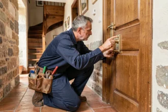 Serrurier professionnel en Charente examinant une serrure sur une porte en chêne dans un couloir aux murs en pierre