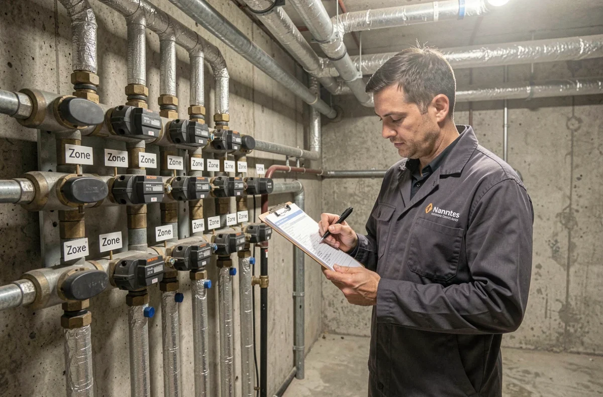 Technicien S.M.T.E. inspectant un manifold de distribution de chauffage dans un sous-sol commercial à Nantes