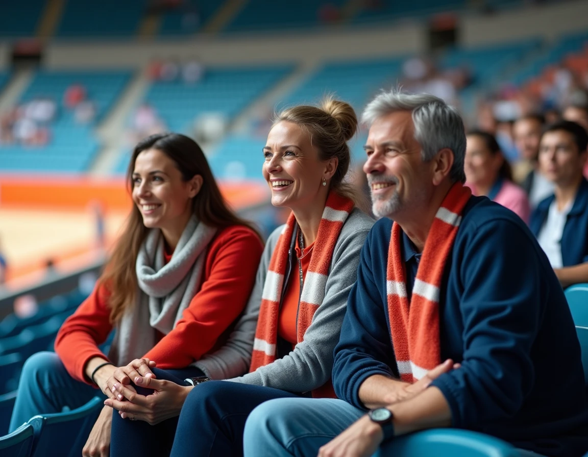Supporters adultes dans des gradins de stade portant des écharpes d'équipe et regardant un match de volleyball, illustrant la passion du public pour le sport féminin