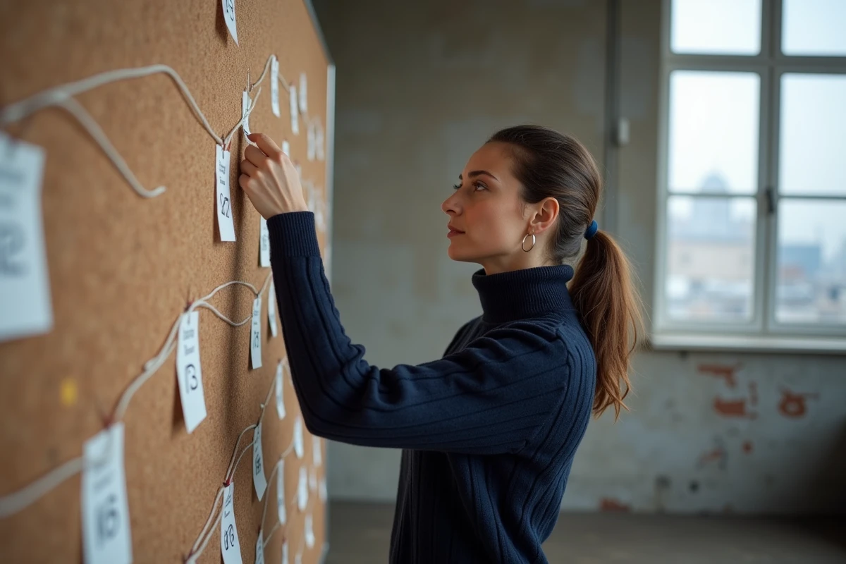 Femme devant un tableau de recherche chronologique avec fiches et dates, symbolisant l'enquête sur les mythes et faits autour de la naissance d'une personnalité