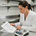 Femme en blouse blanche consultant un tableau de conversion kg imprimé posé sur une table en inox à côté d'une balance numérique de précision