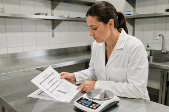 Femme en blouse blanche consultant un tableau de conversion kg imprimé posé sur une table en inox à côté d'une balance numérique de précision